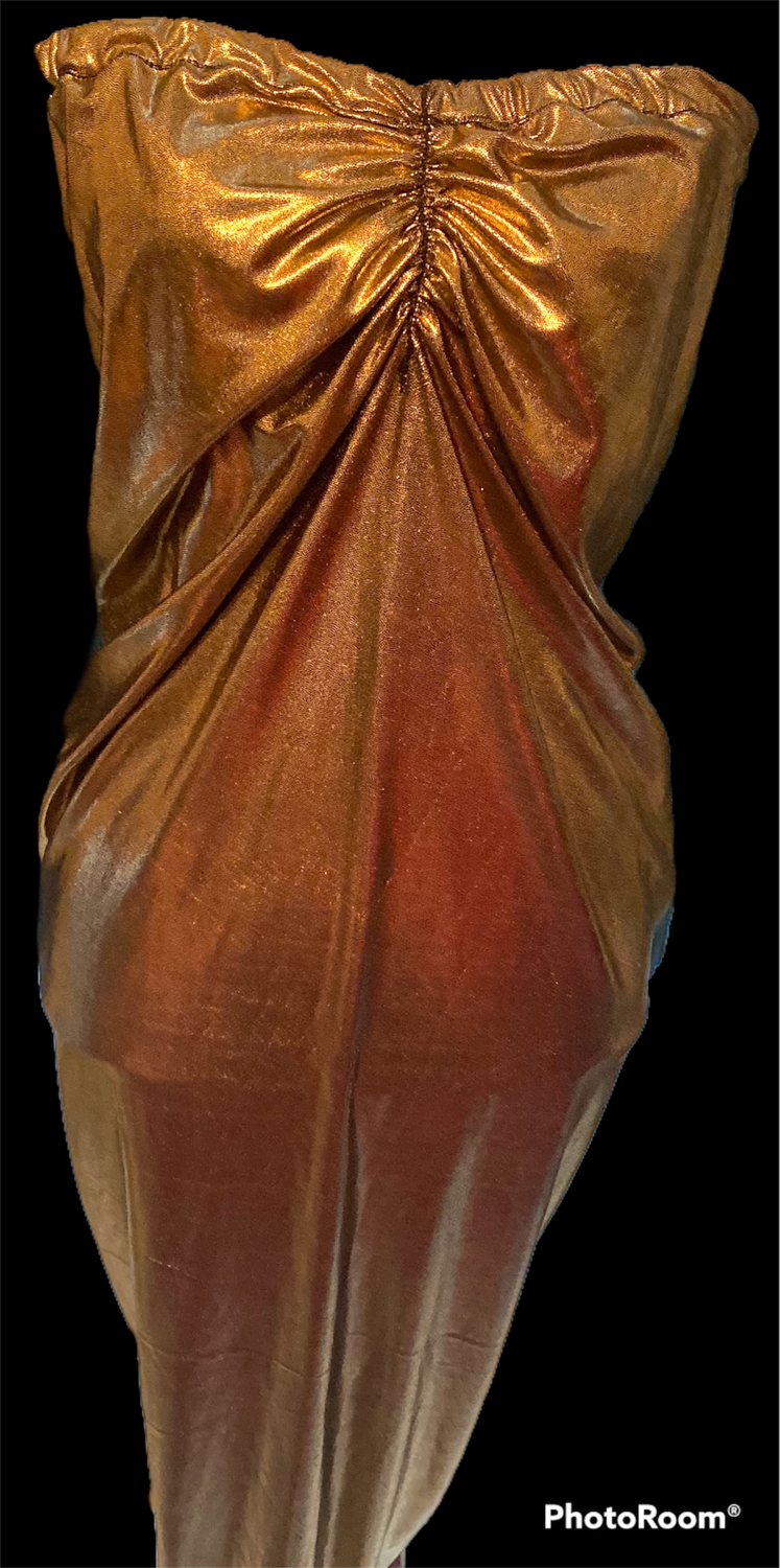 Thumbnail: Gold ruffled back tube dress