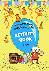 Front cover of book with balloon, party decorations and kitten