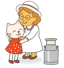 Cartoon kitten and baker standing next to cream churn hugging