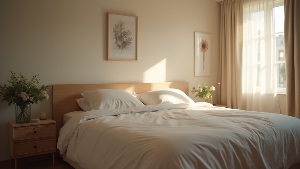 Eye-level view of a cozy bedroom with soft lighting and a neatly made bed