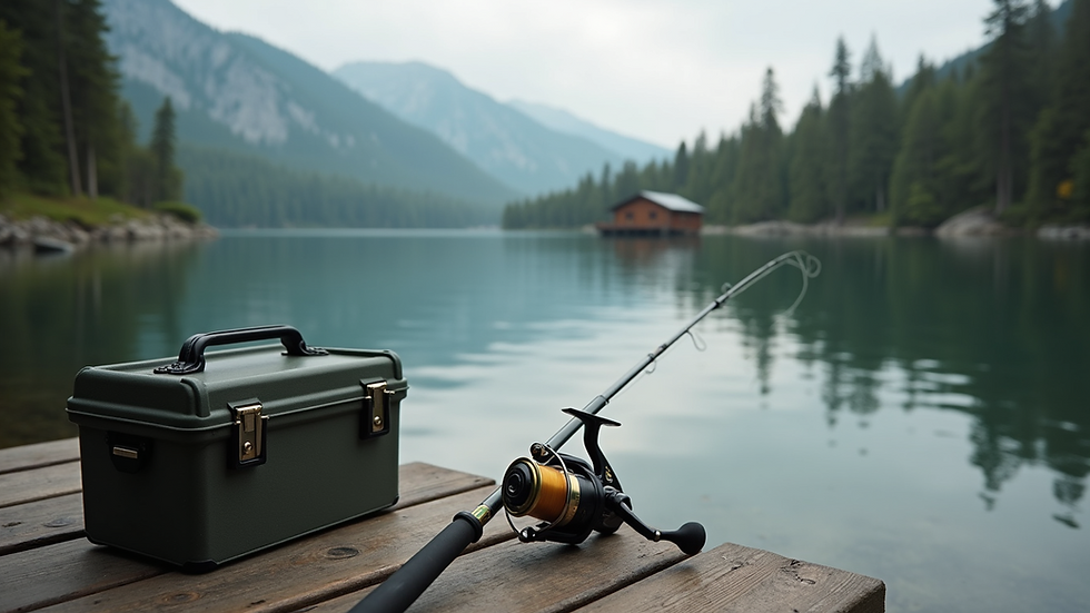 Close-up view of a fishing rod and tackle box on a dock by a lake cabin