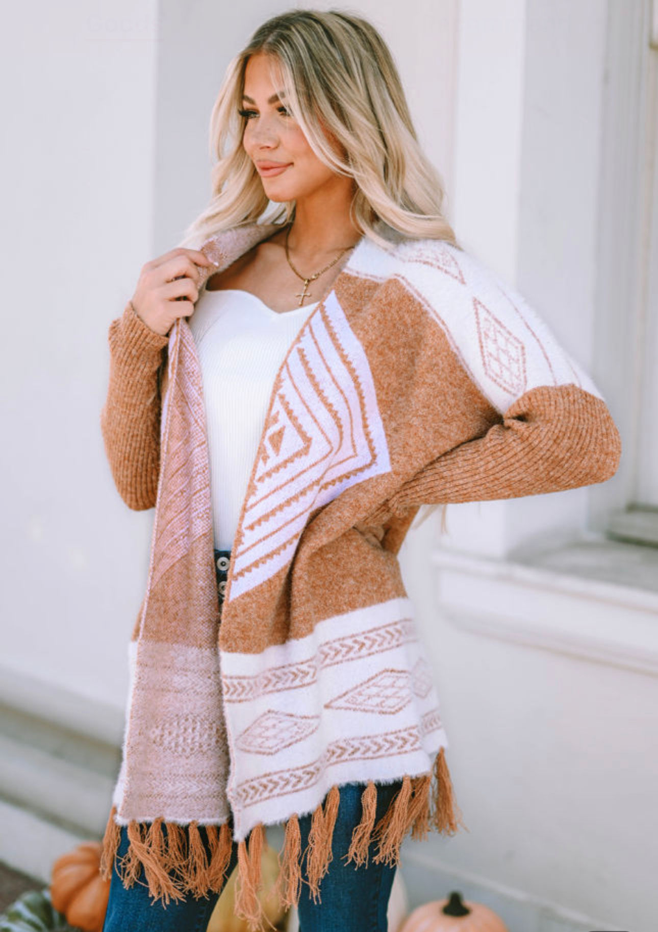 Brown Western Furry Knit Tassel Cardigan 