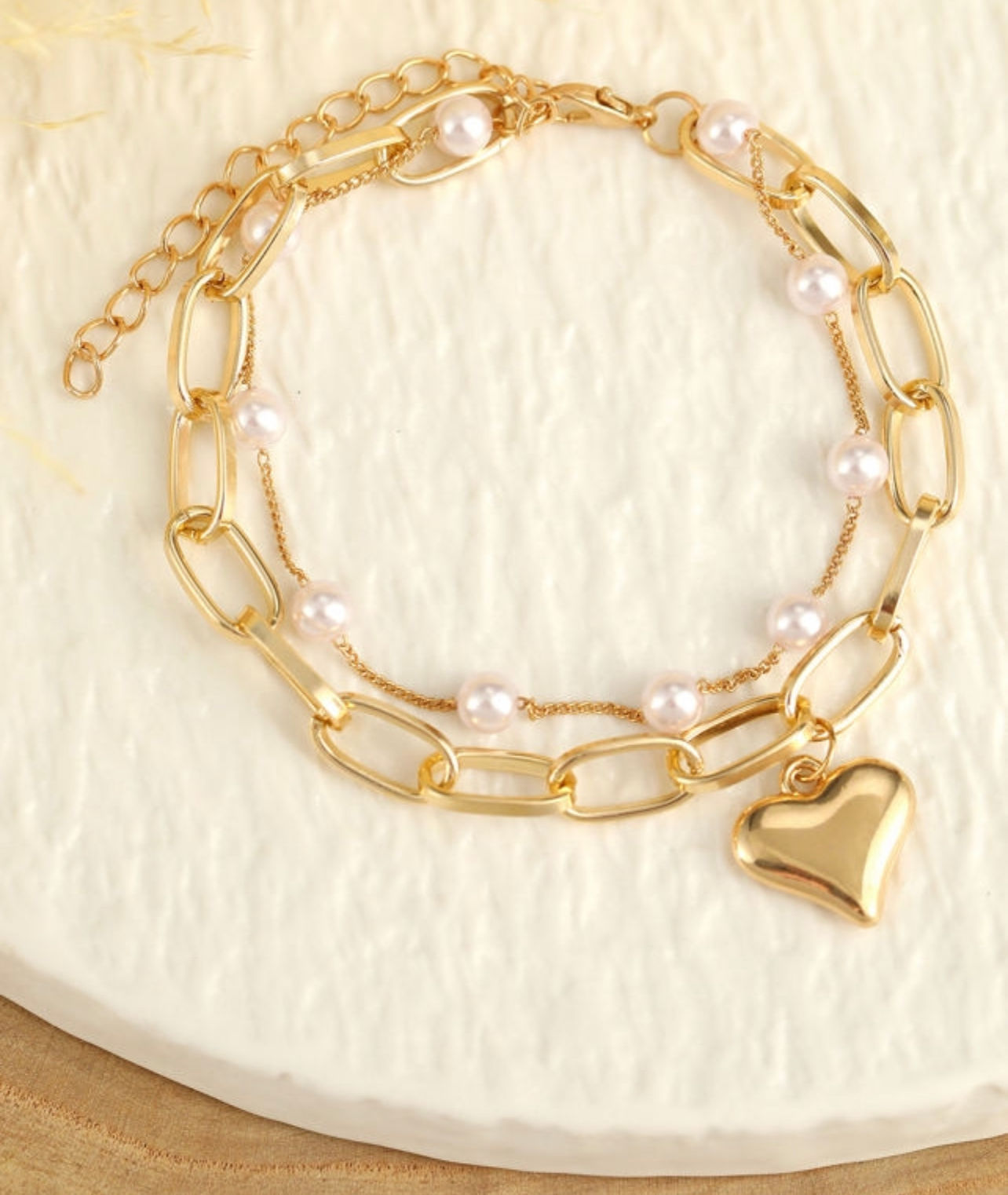 Gold Heart Charm With Pearls Bracelet 