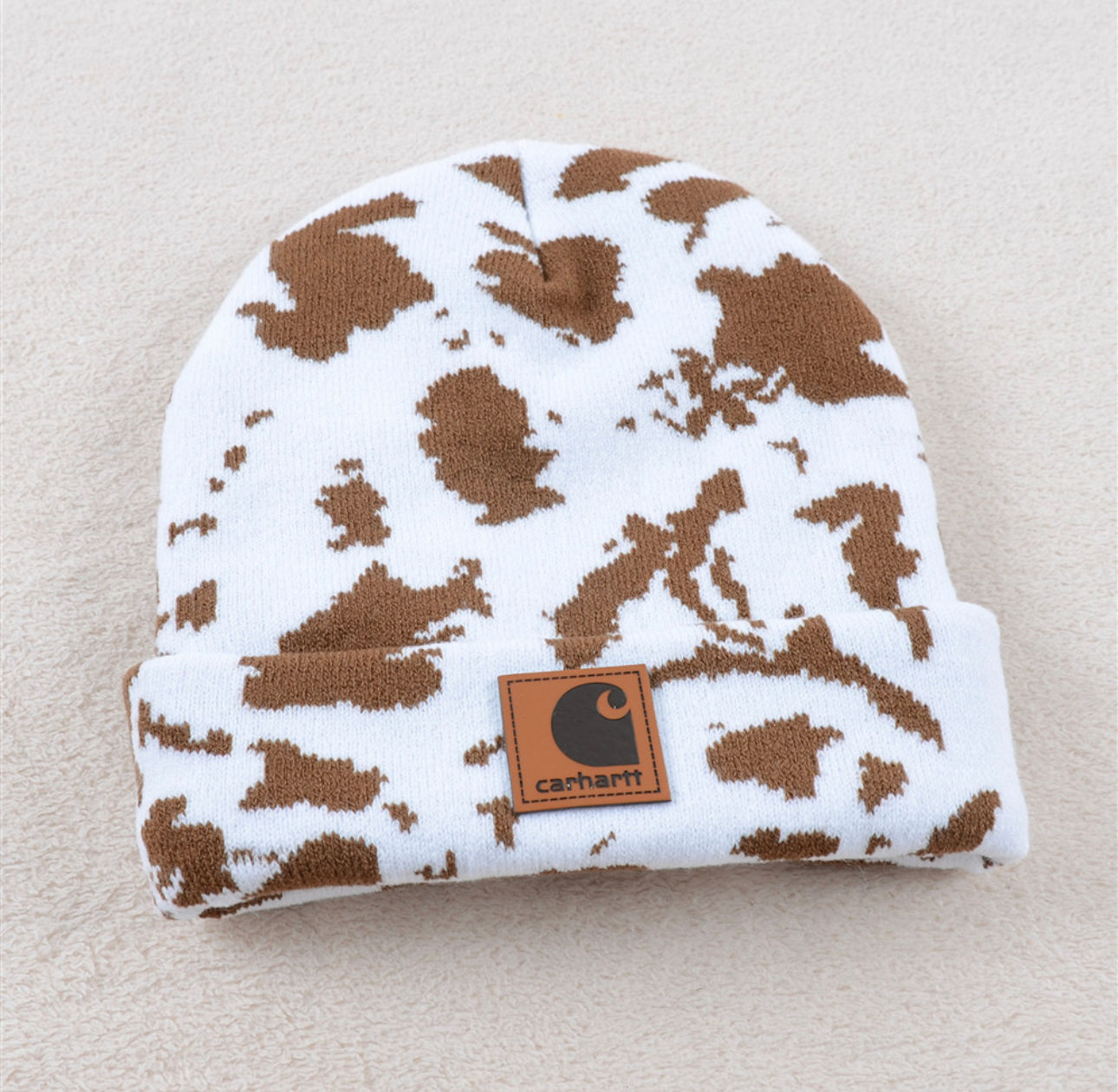 Light Brown Cow Print Beanie