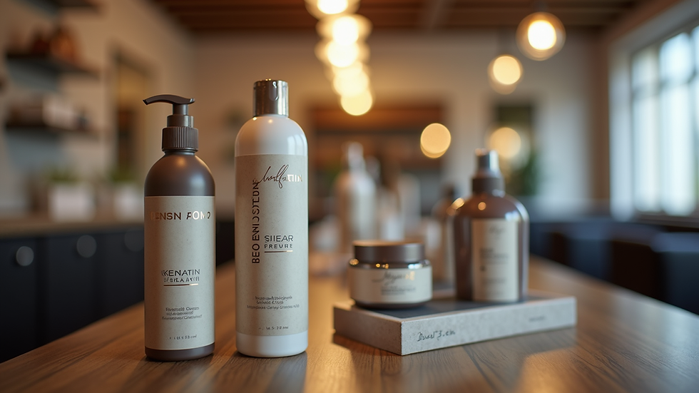 Close-up view of a hair salon with keratin treatment products on display