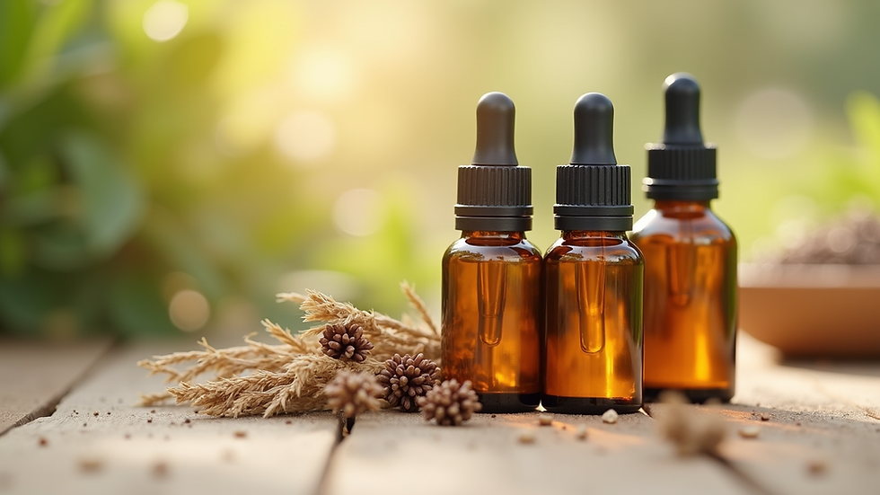 Eye-level view of essential oil bottles with natural ingredients