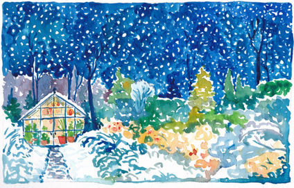 Dreamhouse - Greenhouse watercolor painting in snow