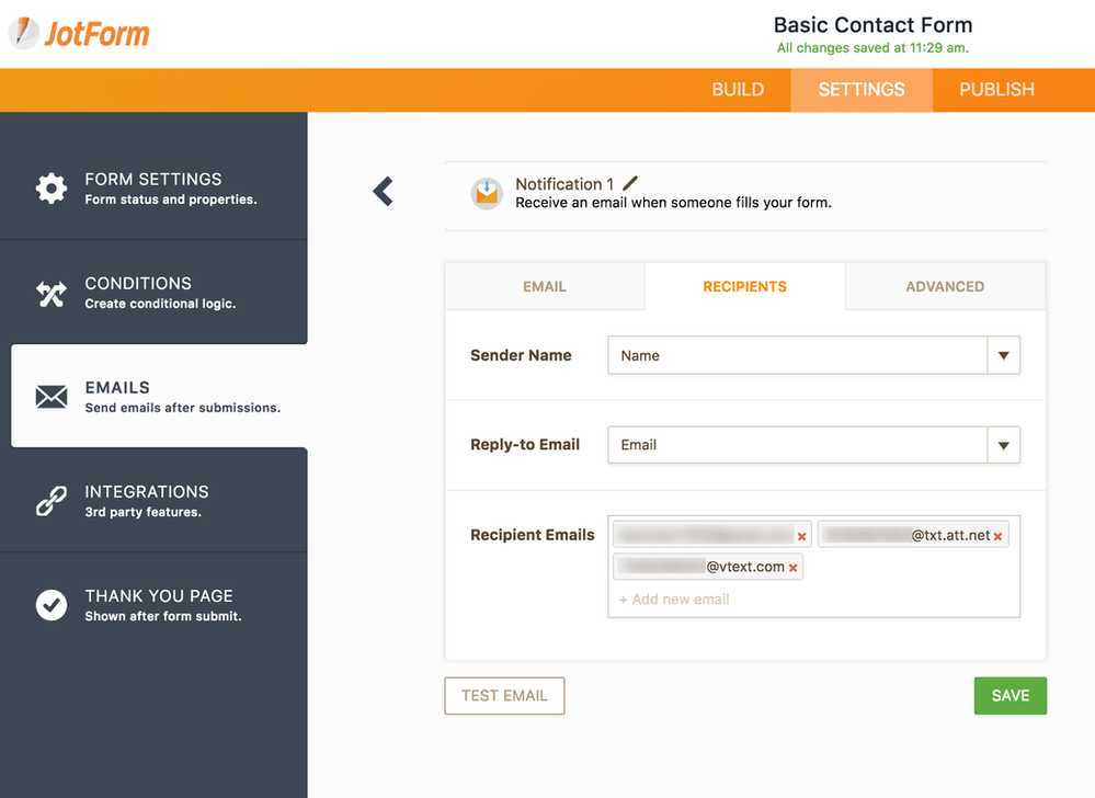Can JotForm send Form Submissions via Text to cellphones?