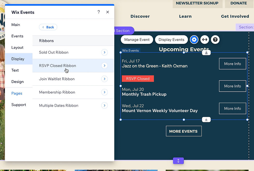 All of these ribbons can be toggled on or off on the Wix Events list.