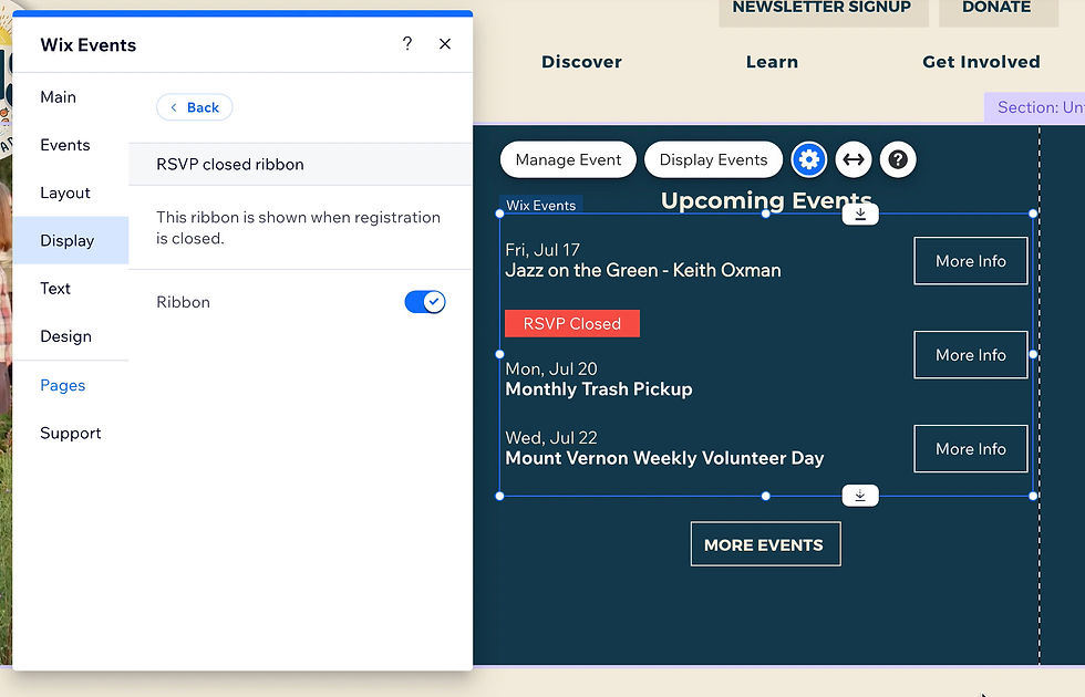 To remove the ribbons, just turn off the checkbox for each of them as desired in the Wix Events Settings.
