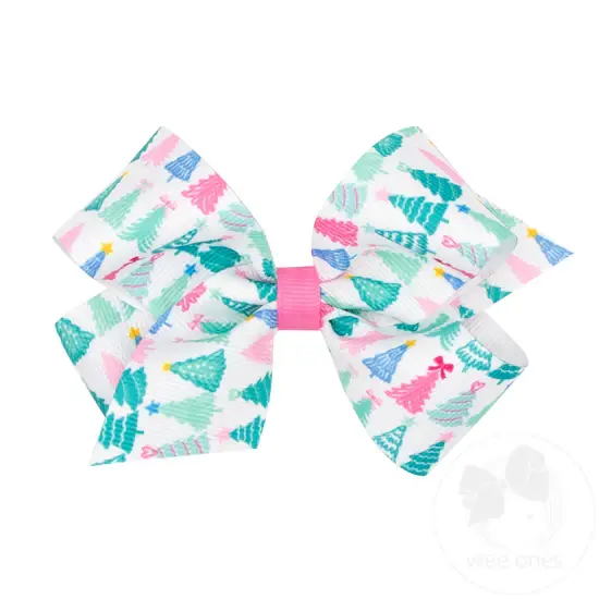 Wee Ones Medium Pink Christmas Tree Print Grosgrain Hair Bow