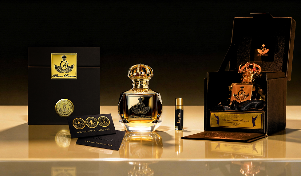 Alvaro Rociano Legacy fragrance Ritual of Arrival presentation including perfume bottle, luxury packaging, velvet presentatio