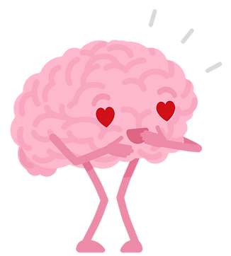 Illustratie brein met hartjesogen – symbool voor zelfliefde, compassie en positieve emoties.