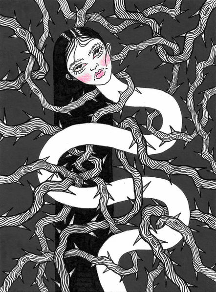 long-neck woman tangled amd strangled by thorn-covered branches. long hair. serpent, snake
