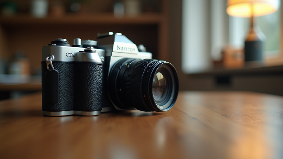 Close-up view of a vintage camera on a wooden table