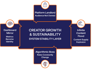 Creator growth framework showing four structural forces: platform landlord, infinite content flood, algorithmic boss, and dashboard mirror
