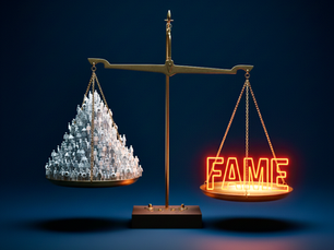 A balance scale with thousands of small follower icons on one side and a glowing ‘FAME’ sign on the other, symbolizing how fame outweighs follower count in the creator economy.