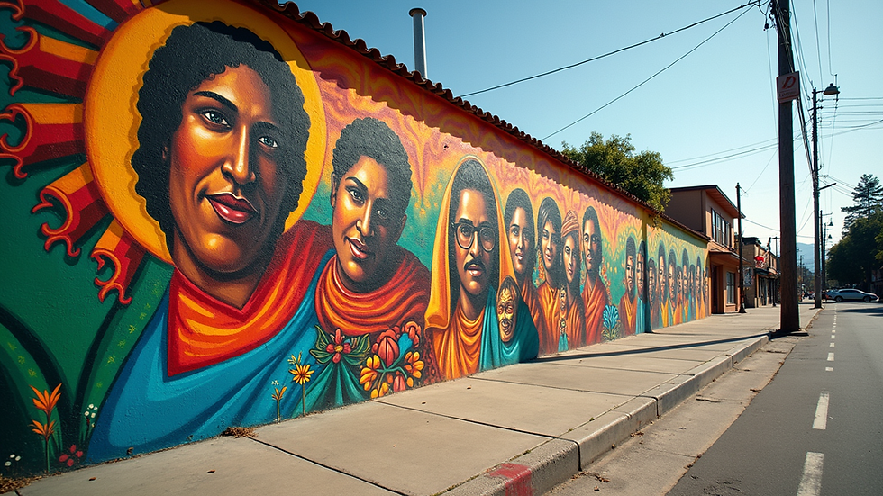 Eye-level view of a colorful street mural celebrating Latino heritage