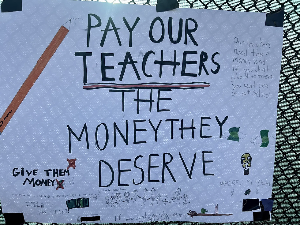 Student poster on West Contra Costa Unified school site during Dec. 2025 teachers’ strike. Photo by Louis Freedberg