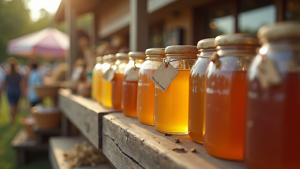 Eye-level view of a rustic honey stand at a farmers market