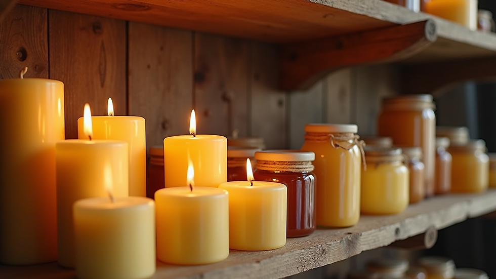 Eye-level view of beeswax candles and honey jars displayed on a rustic wooden shelf