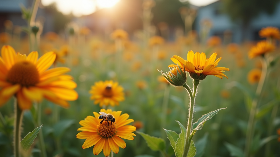 Eye-level view of a community garden with flowering plants attracting bees