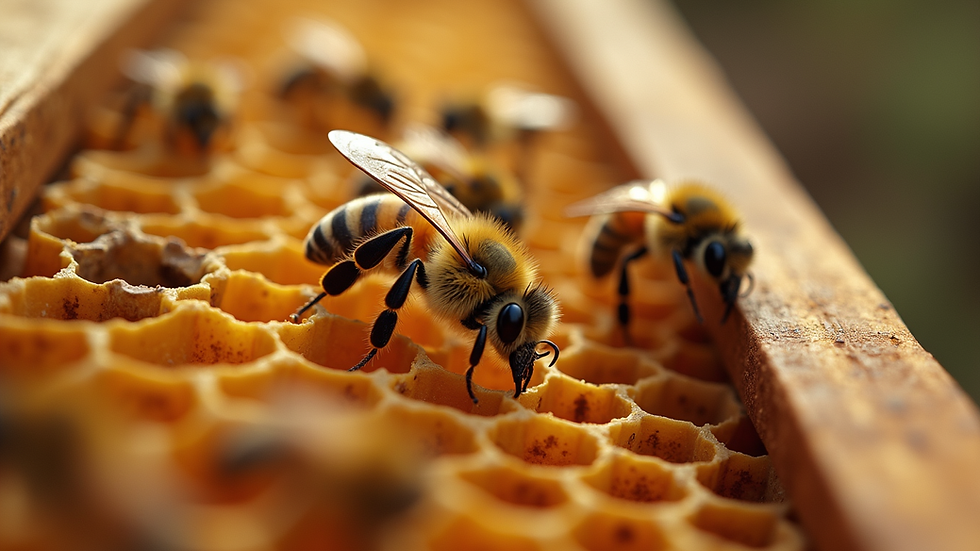 Eye-level view of honey bees on a honeycomb in a hive