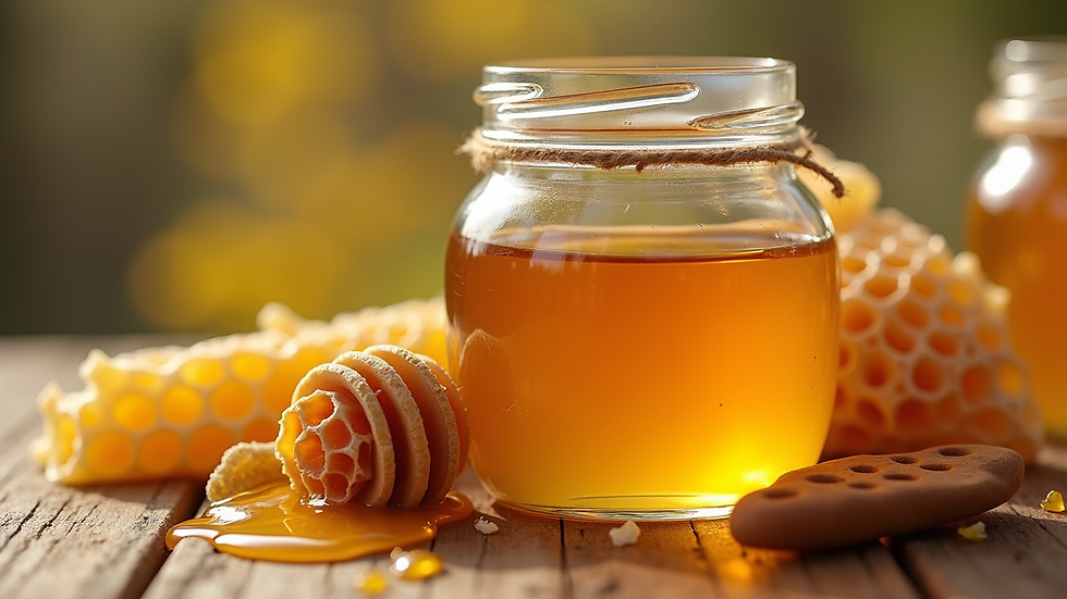 Close-up view of a jar of golden local honey with honeycomb pieces