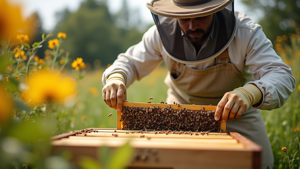 Eye-level view of a local beekeeper tending to a beehive in a garden