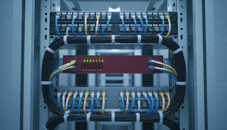 Top-down view of labelled network cables arranged inside a server rack