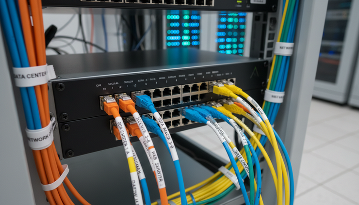 Close-up view of labelled fibre and Ethernet cables connected to a network switch