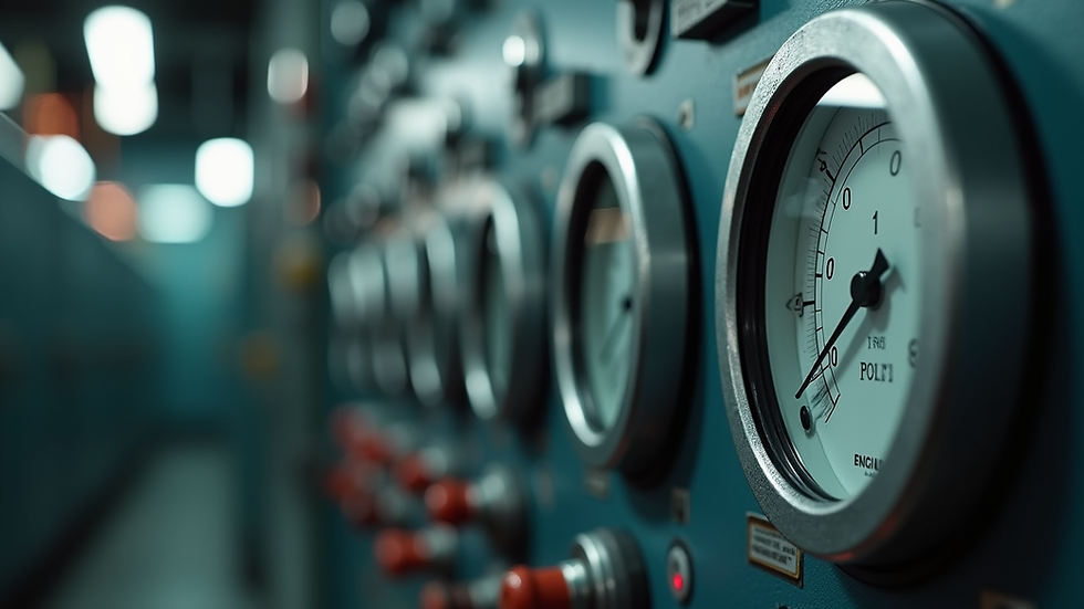 Eye-level view of industrial control panel with multiple gauges and switches