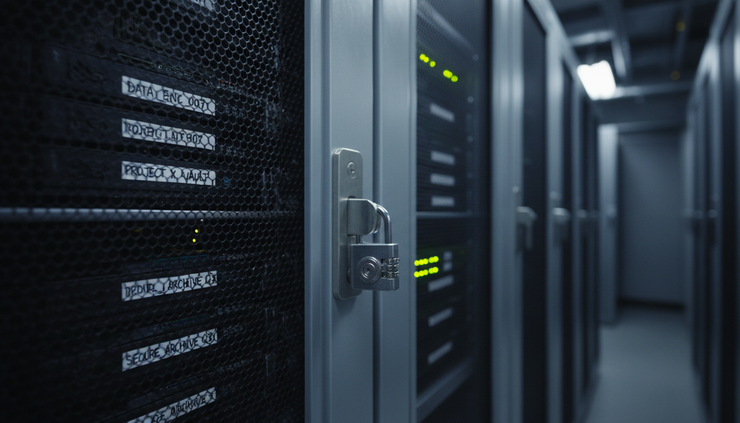 Close-up view of a locked metal cabinet holding encrypted storage drives.
