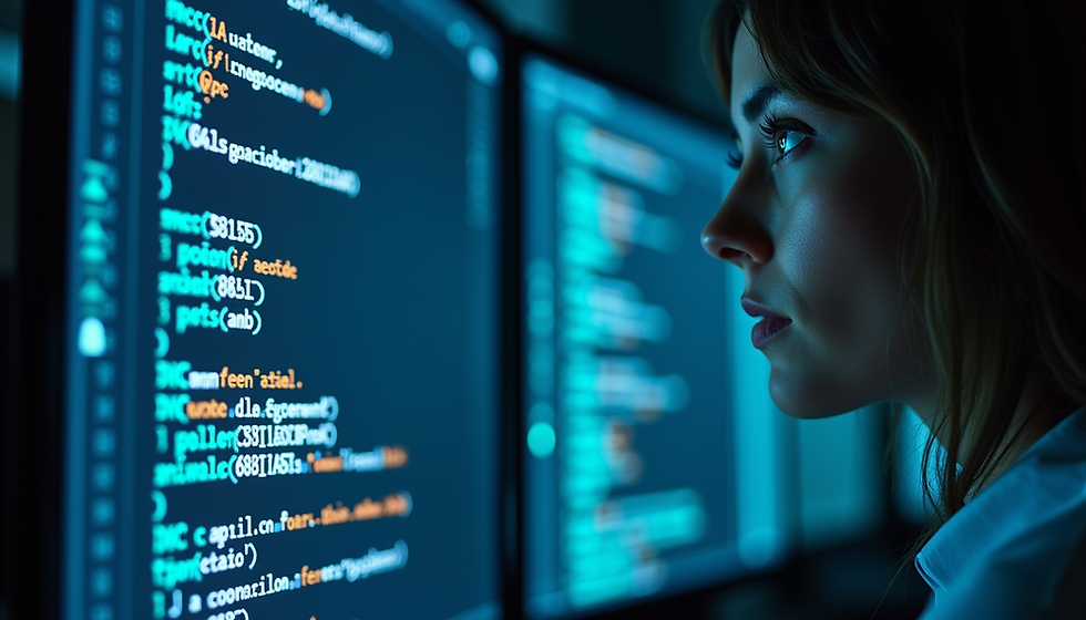 Woman analyzing code for cybersecurity consulting.