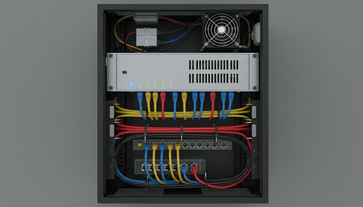 Top-down view of a hardware security appliance mounted in a small network cabinet