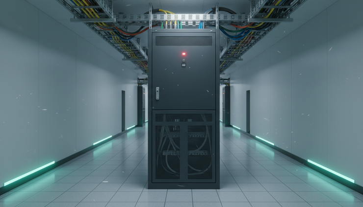 Eye-level view of a locked network cabinet in a data centre corridor