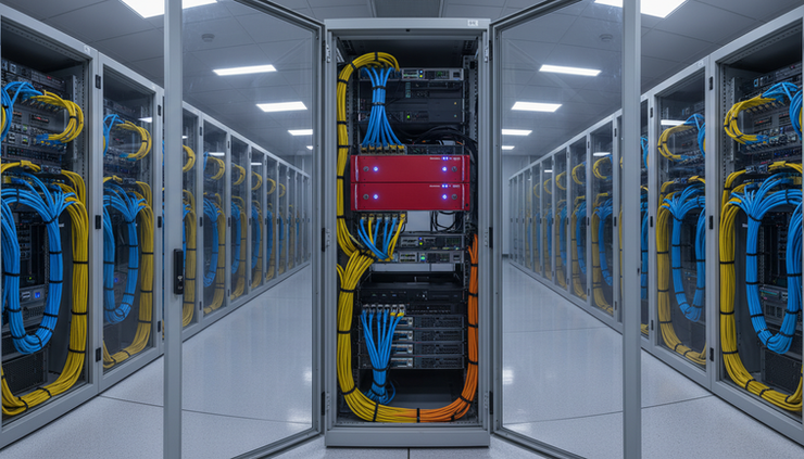 Wide-angle view of a secure server rack with connected network cables
