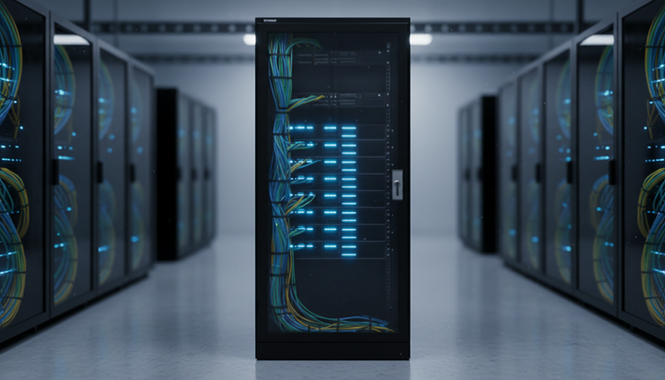 Wide-angle view of a server rack with locked cabinets in a dim security room