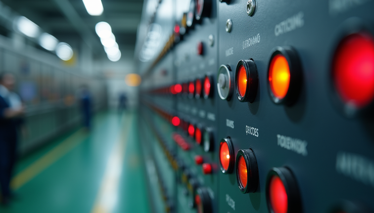 Eye-level view of industrial control panel with multiple switches and indicators