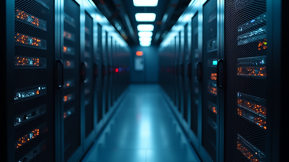 Eye-level view of a server room with blinking network equipment