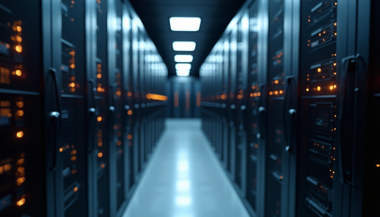 Eye-level view of a server room with organized racks and blinking lights