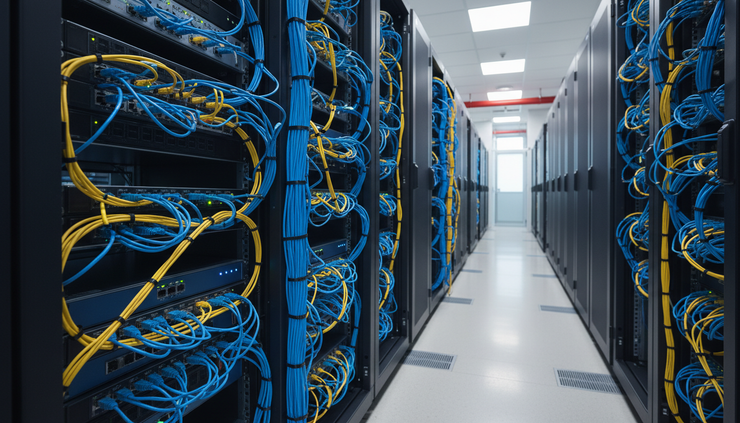 Wide-angle view of network cables inside a secure server rack.
