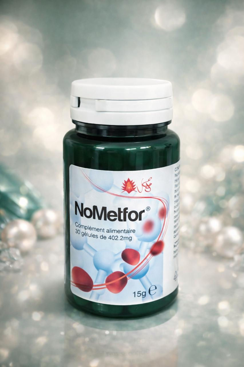 NoMetfor BYOGA, complément alimentaire en flacon de 30 gélules de 402.2mg, visuel molécules bleues.