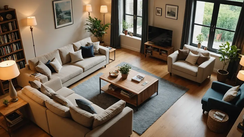 High angle view of a cozy living room with a comfortable sofa