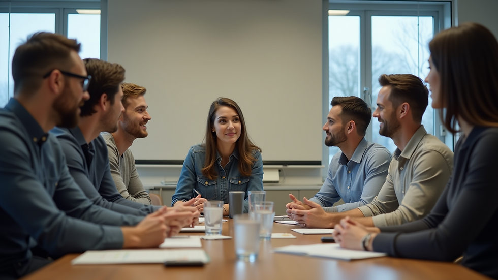 Eye-level view of a recruitment strategy meeting with a diverse group of individuals