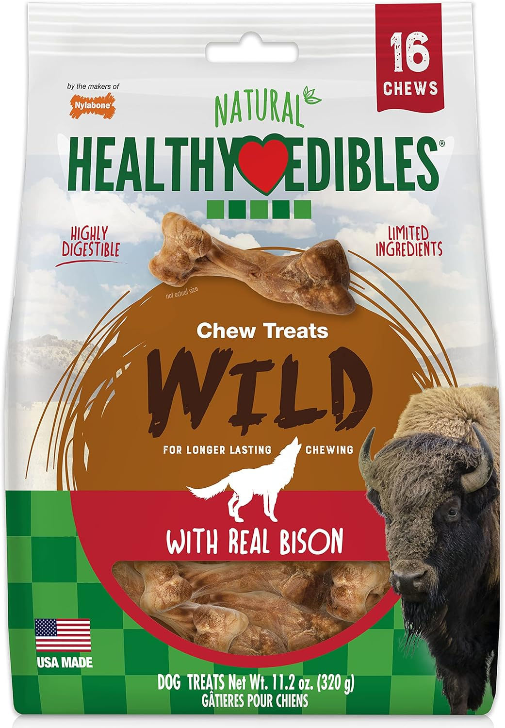 Healthy Edibles WILD Natural Dog Chew Treats, Bison Flavor, Small Dogs Up to 20