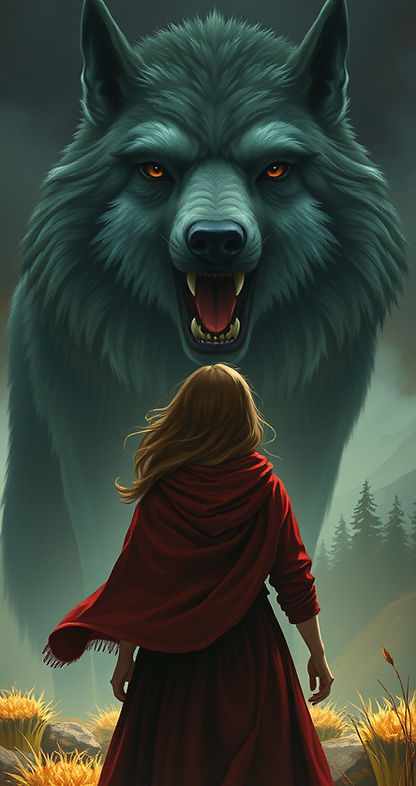 fantasy artwork with a viewpoint from the back of red riding hood as she looks up at a gi