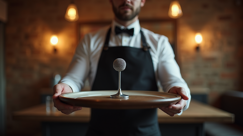 Eye-level view of a waiter holding a tray with a microphone in a rustic Yorkshire venue