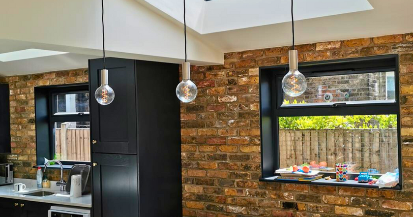 exposed brick wall industrial decor 52 Pembroke Road E17 9PB kitchen extension East London Builder minimalist exposed filament bulbs