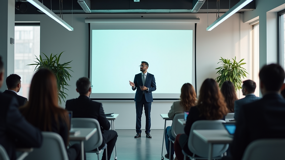 Eye-level view of a modern office training room with a presenter and attendees